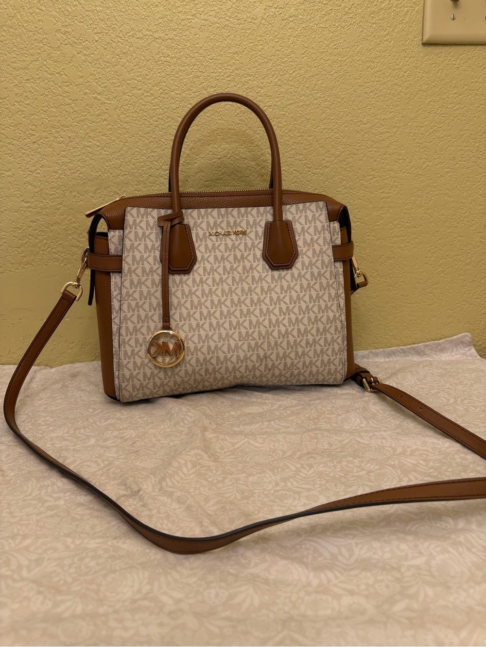 Michael Kors Cream MK Logo Satchel with Brown Trim